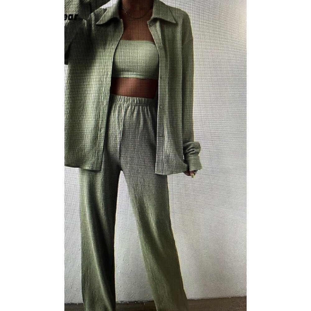 Sage Green Textured Button-Up Shirt & Pant‎ Set Lg Comfortable Casual NWOT